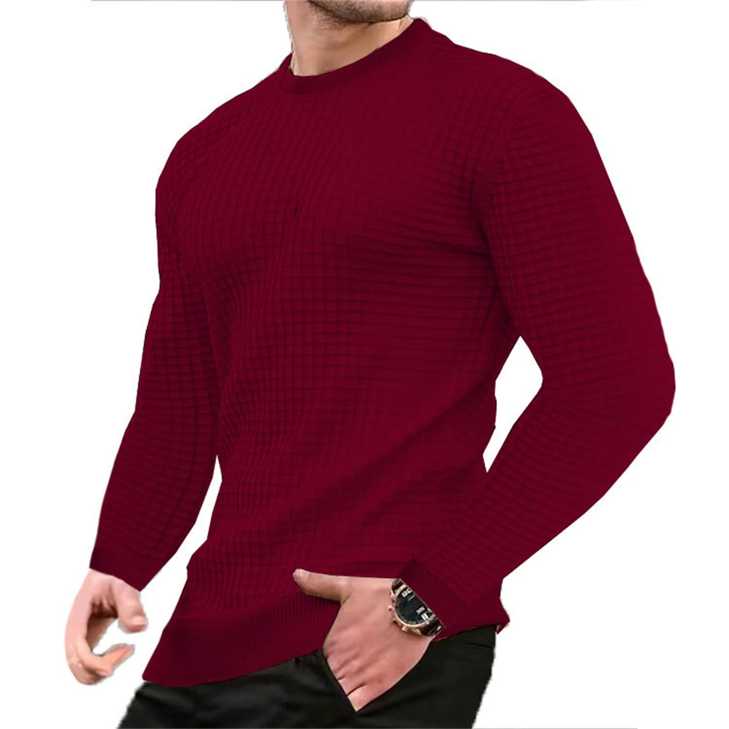 Waffle texture round neck jacquard check sweater