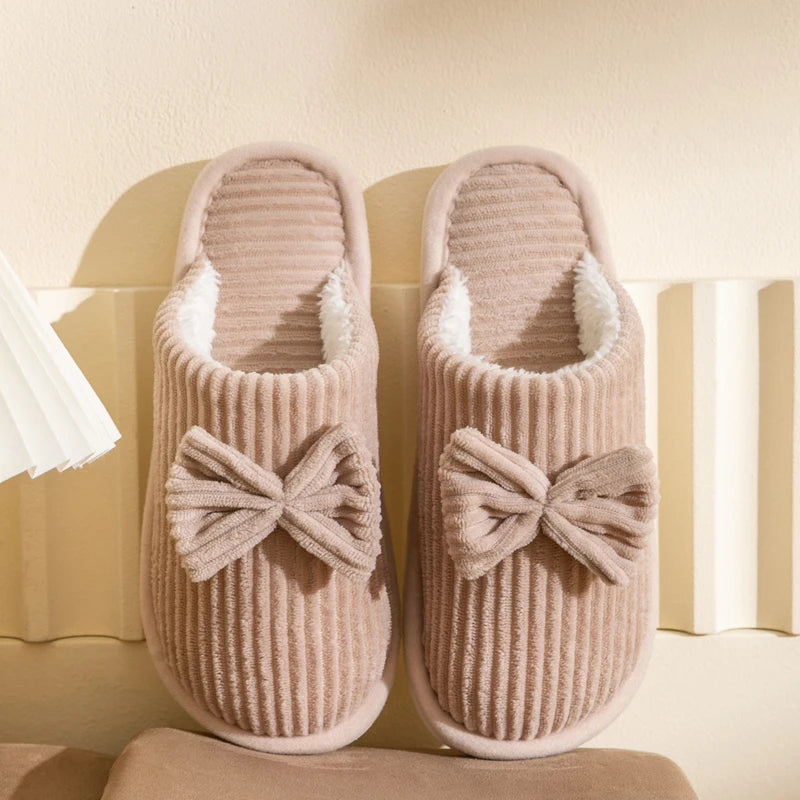 Womens Plush Bow Slippers