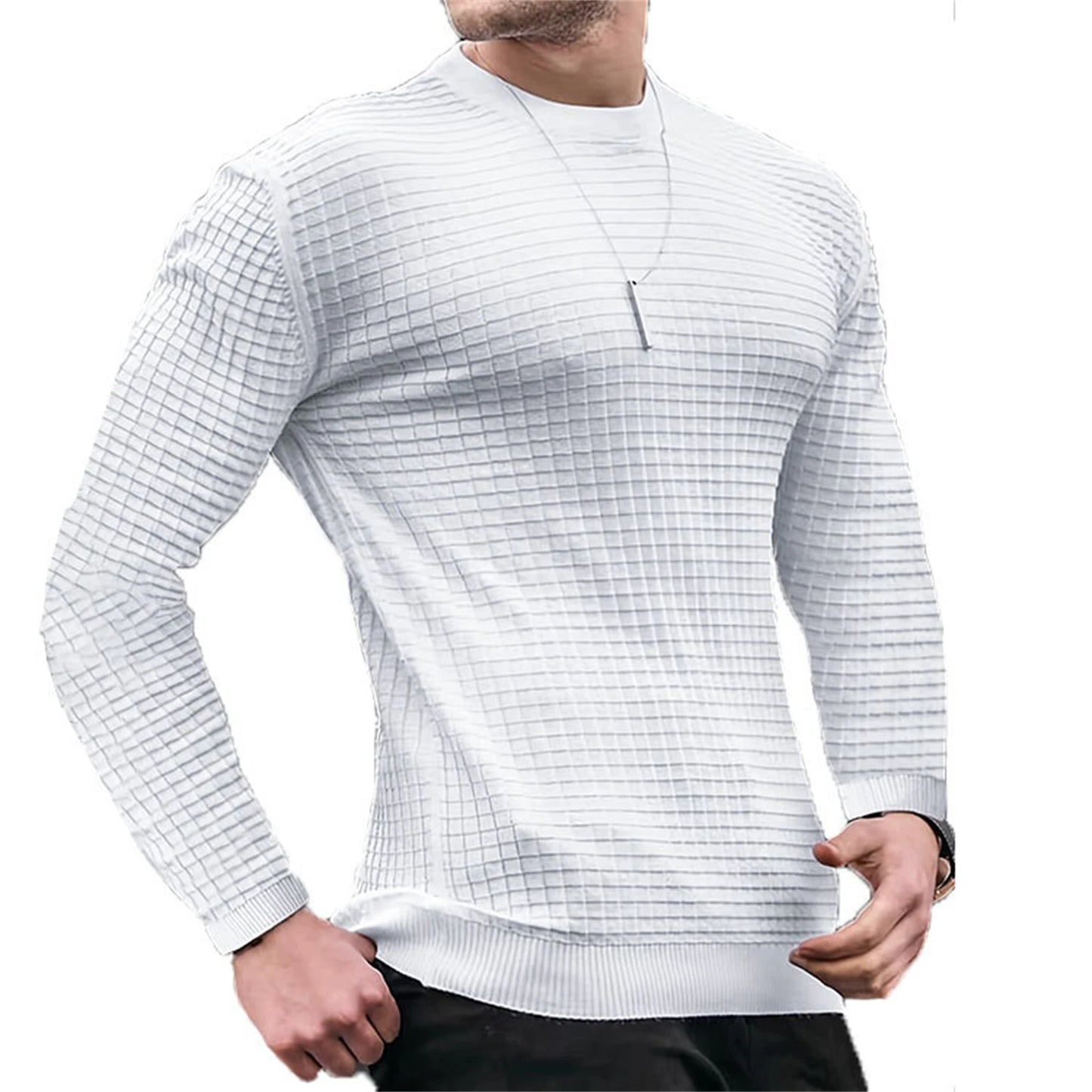 Waffle texture round neck jacquard check sweater