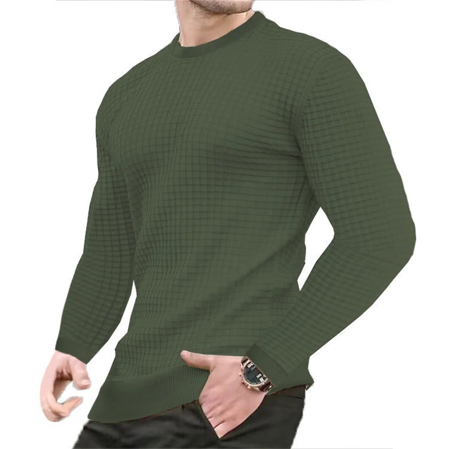 Waffle texture round neck jacquard check sweater