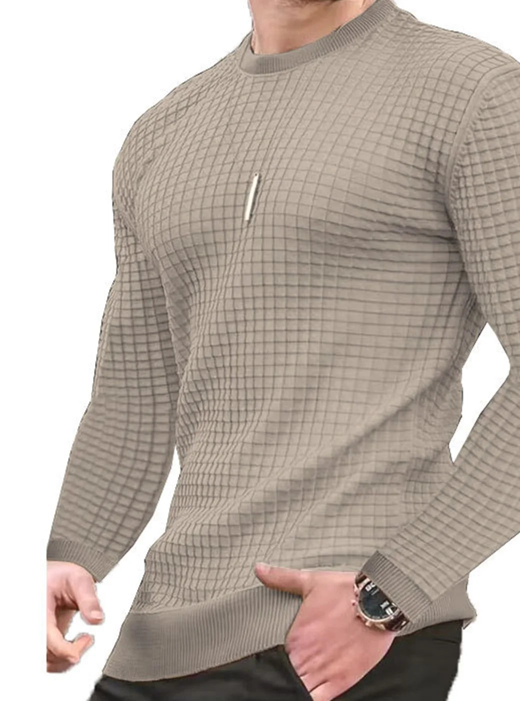 Waffle texture round neck jacquard check sweater