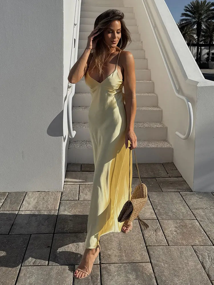 Elegant Summer Yellow V Neck Sling Dress