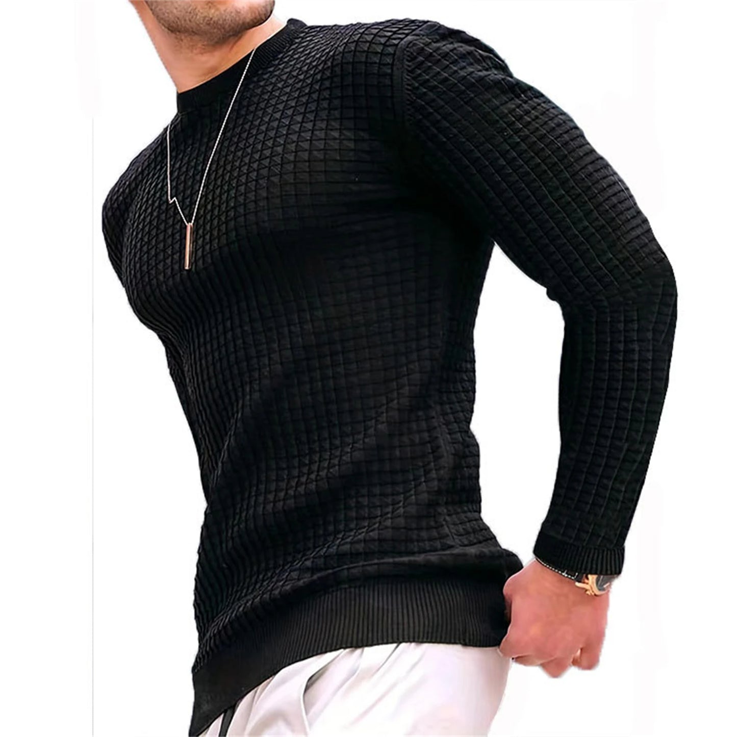 Waffle texture round neck jacquard check sweater