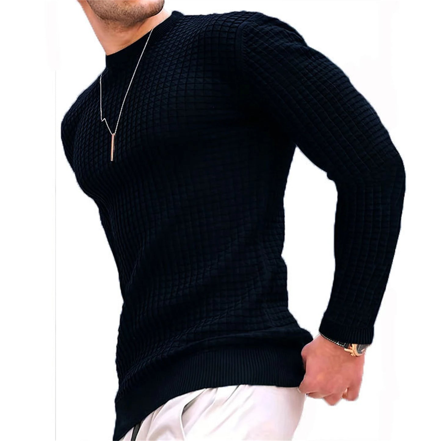 Waffle texture round neck jacquard check sweater