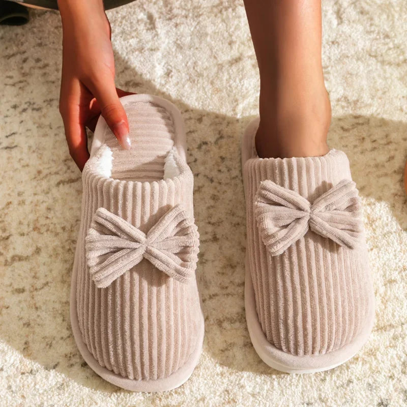 Womens Plush Bow Slippers