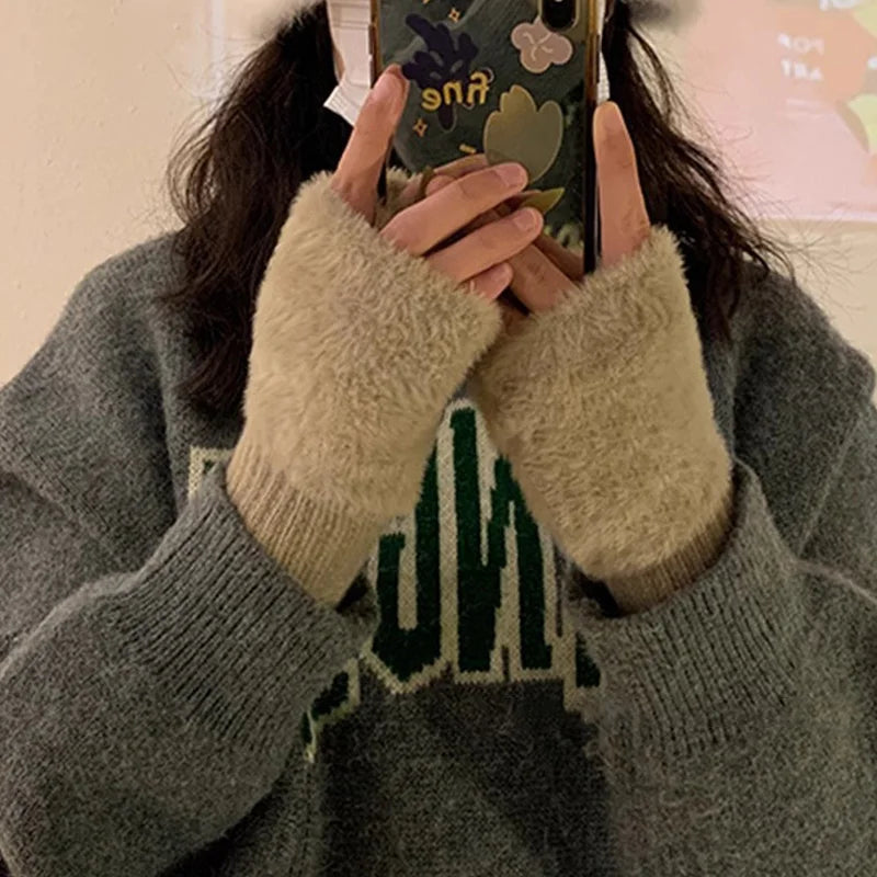 Soft Plush Half Finger Gloves
