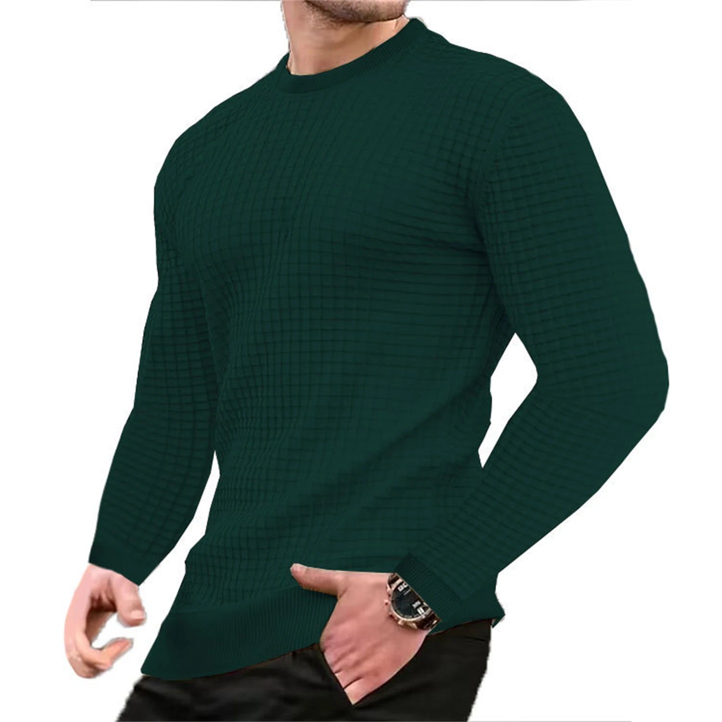 Waffle texture round neck jacquard check sweater