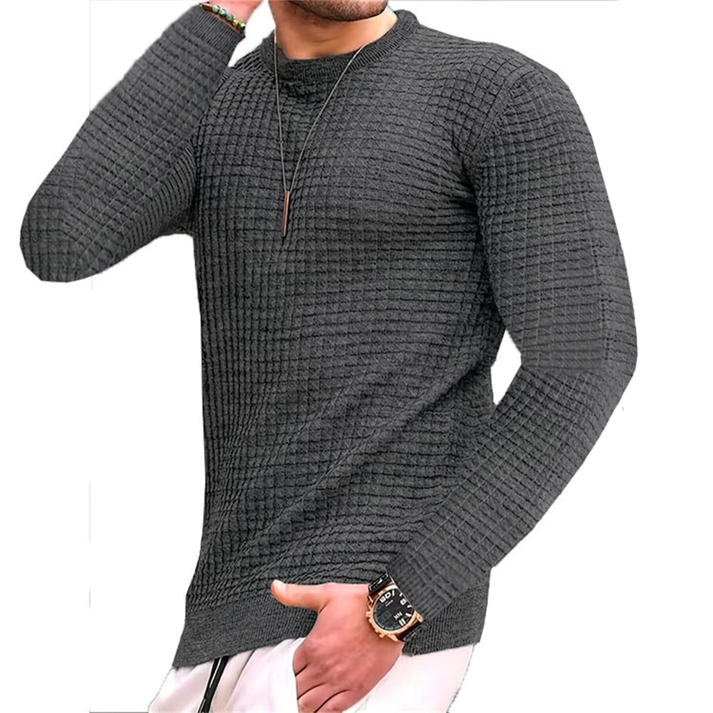 Waffle texture round neck jacquard check sweater