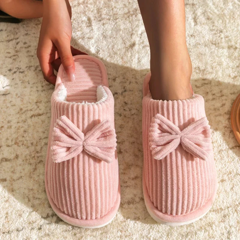 Womens Plush Bow Slippers