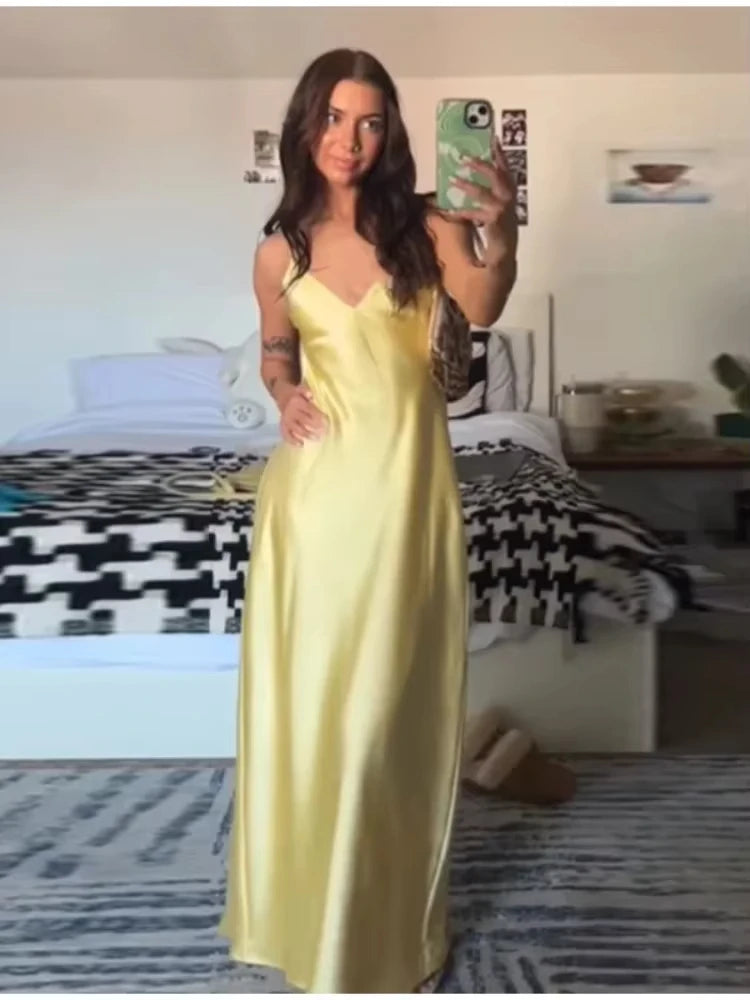 Elegant Summer Yellow V Neck Sling Dress