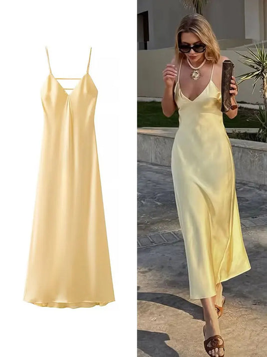Elegant Summer Yellow V Neck Sling Dress