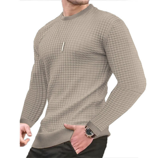 Waffle texture round neck jacquard check sweater