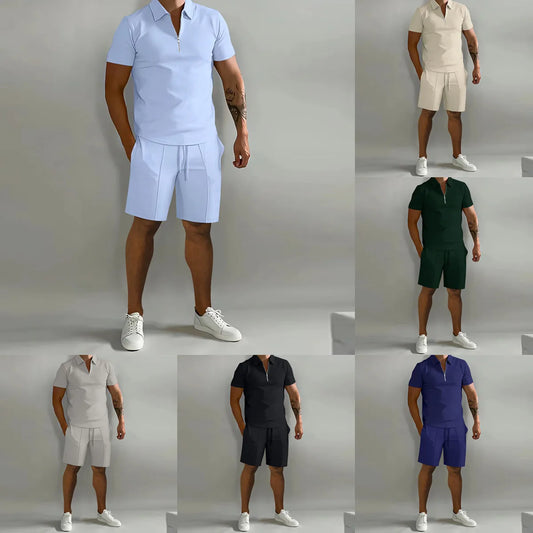 Mens Summer Fitness Short Sleeve Shirt And Shorts Suit